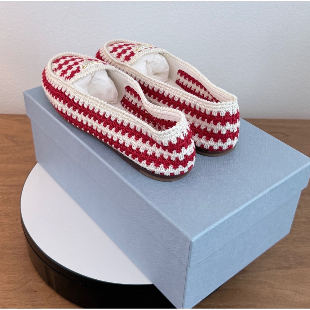 Prada Red White Crochet Loafers Enameled Triangle Logo Flats 1D496N Womens 37 - Picture 3 of 11
